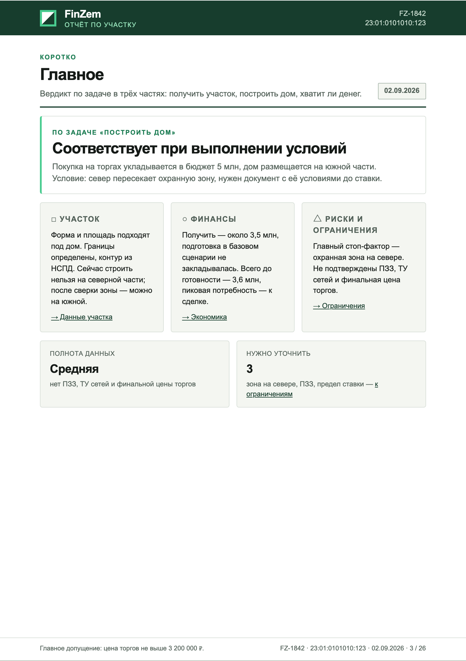 Страница «Главное» отчёта